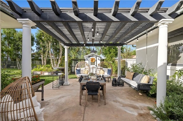 view of patio featuring an outdoor living space, fence, and a pergola