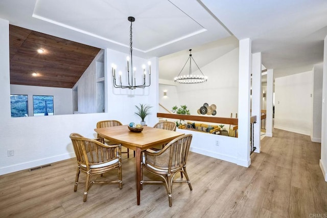 dining area featuring light hardwood / wood-style flooring, vaulted ceiling, and wooden ceiling