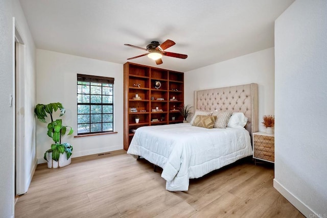 bedroom featuring ceiling fan and light hardwood / wood-style flooring