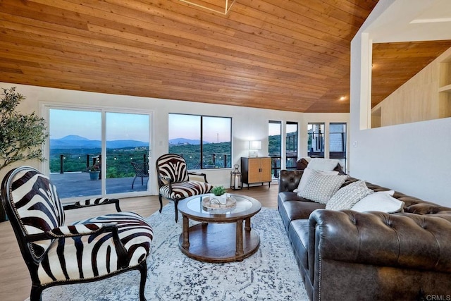 living room with lofted ceiling, light hardwood / wood-style flooring, a mountain view, and wooden ceiling