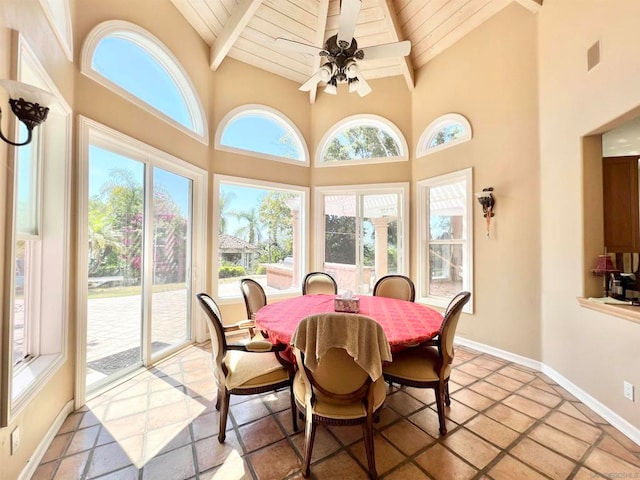 sunroom with vaulted ceiling with beams, ceiling fan, and wooden ceiling