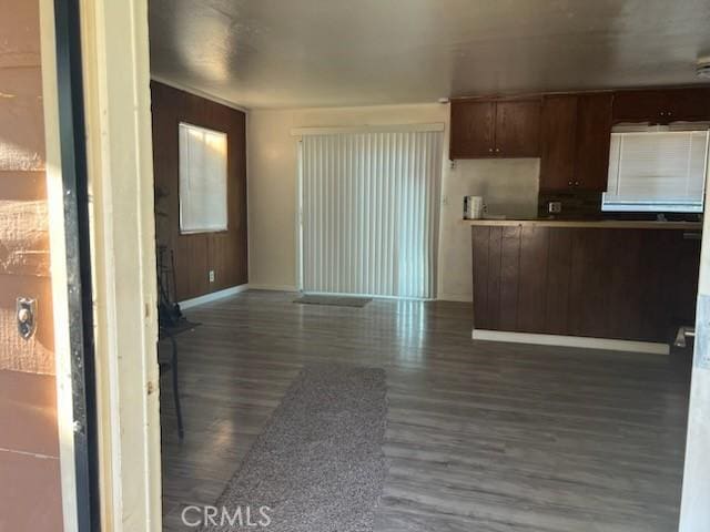 kitchen with dark hardwood / wood-style floors and wooden walls