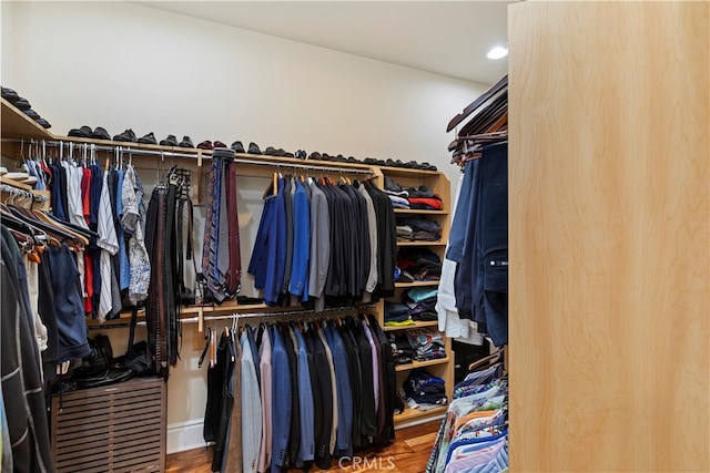 walk in closet with hardwood / wood-style flooring