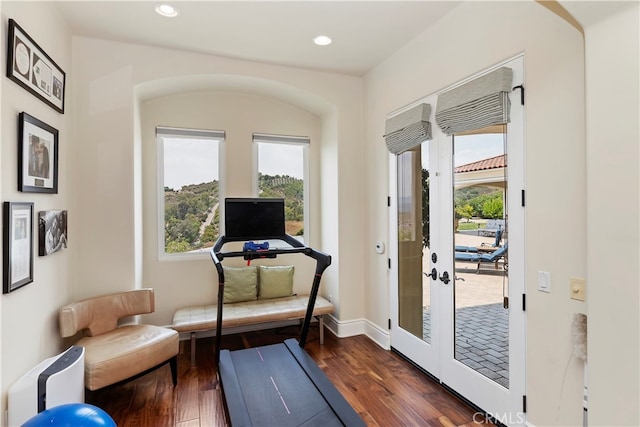 exercise area with french doors and hardwood / wood-style floors