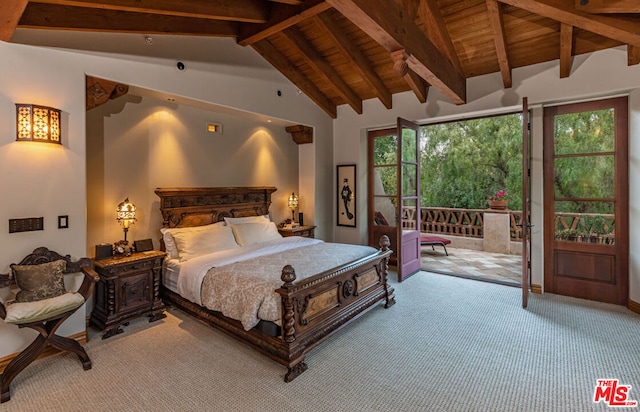 carpeted bedroom featuring beamed ceiling, wood ceiling, and high vaulted ceiling