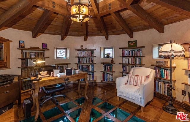 office with lofted ceiling with beams and wood ceiling