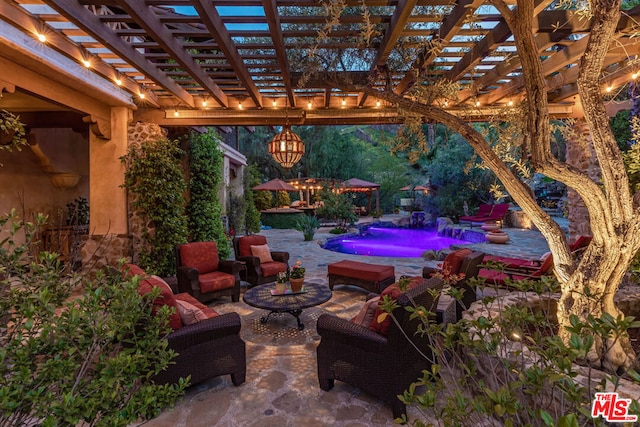 view of patio featuring a pergola, an outdoor living space, pool water feature, and a jacuzzi