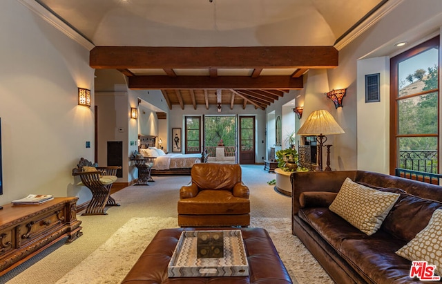 living room featuring vaulted ceiling with beams and carpet floors