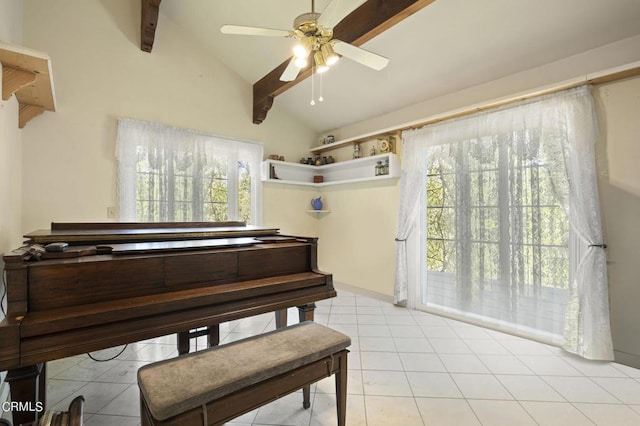 sitting room featuring light tile patterned floors, ceiling fan, and vaulted ceiling with beams