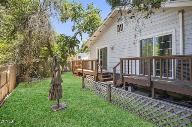 view of yard featuring a deck and a fenced backyard