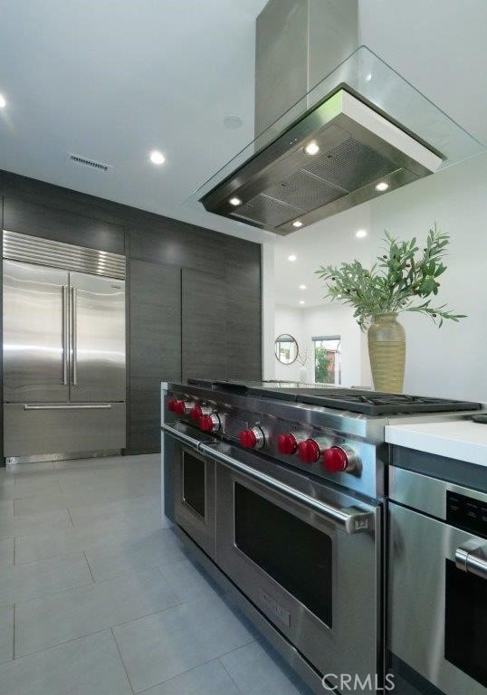 kitchen featuring island exhaust hood and premium appliances