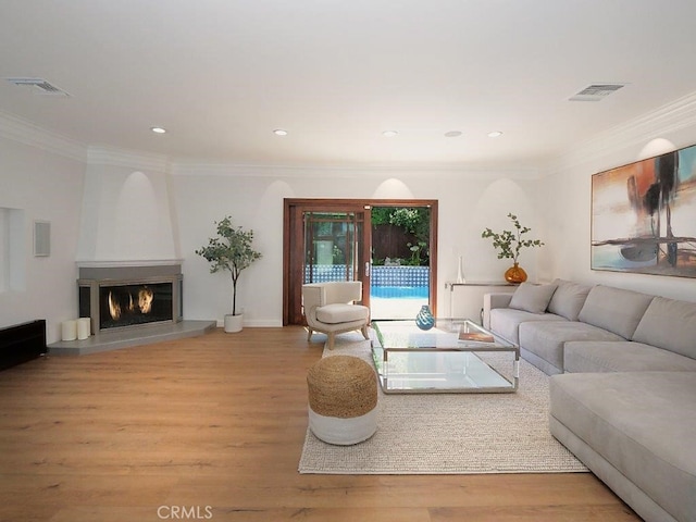 living room with a large fireplace, crown molding, and light hardwood / wood-style flooring