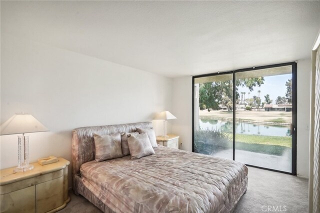 bedroom featuring access to exterior, carpet flooring, and a water view