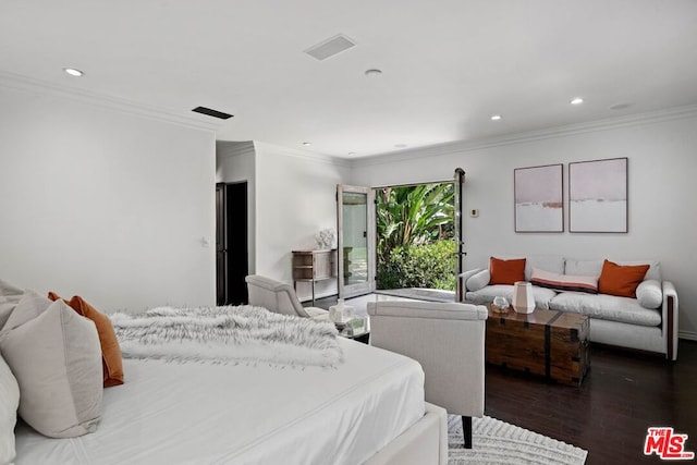 bedroom featuring ornamental molding and dark wood-type flooring