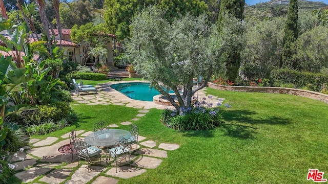 view of pool with a yard and a patio