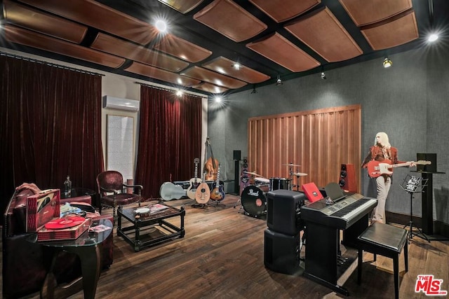 interior space with a wall mounted air conditioner and dark hardwood / wood-style flooring