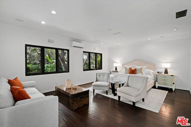 bedroom with crown molding, dark wood-type flooring, and a wall mounted air conditioner