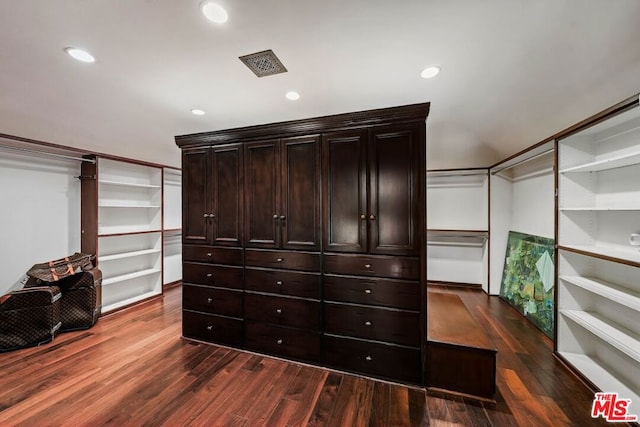 walk in closet with dark wood-type flooring