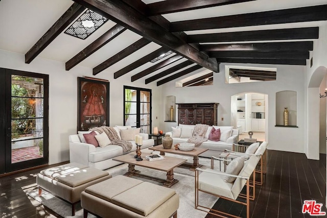 living room featuring french doors, high vaulted ceiling, dark wood-type flooring, and beam ceiling