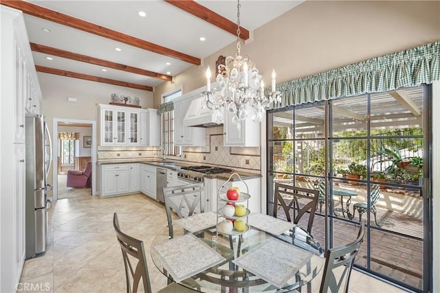 dining room featuring a chandelier, beam ceiling, and recessed lighting