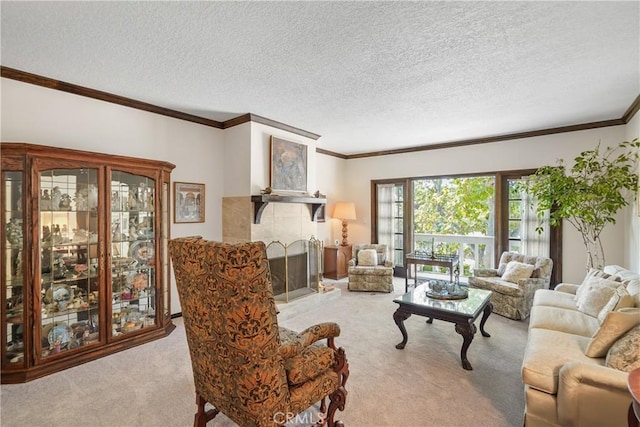 carpeted living room with ornamental molding and a textured ceiling