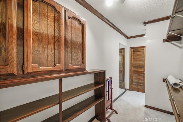 walk in closet featuring light carpet