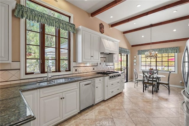 kitchen with sink, tasteful backsplash, lofted ceiling with beams, white cabinets, and appliances with stainless steel finishes