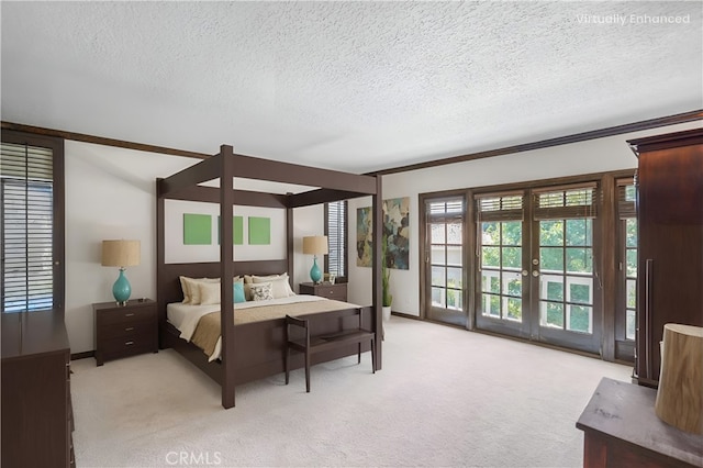 bedroom with access to exterior, french doors, light colored carpet, and a textured ceiling