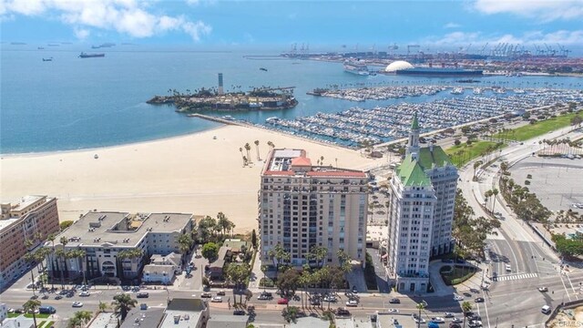 bird's eye view featuring a view of the beach and a water view