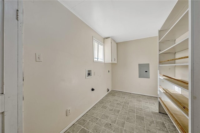 clothes washing area featuring electric dryer hookup, hookup for a washing machine, and electric panel