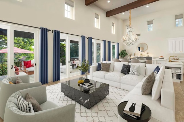 tiled living room with a towering ceiling, beam ceiling, and an inviting chandelier