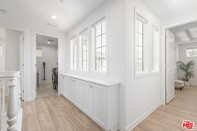 hall with a healthy amount of sunlight and light hardwood / wood-style flooring