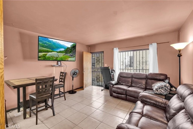 living room featuring light tile patterned flooring