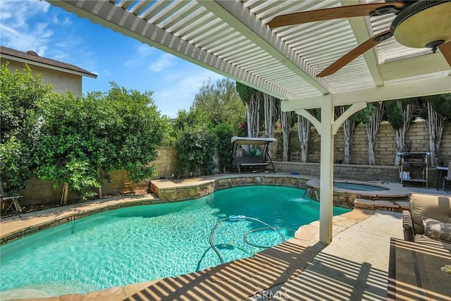 view of pool featuring a pergola, a patio area, ceiling fan, and an in ground hot tub