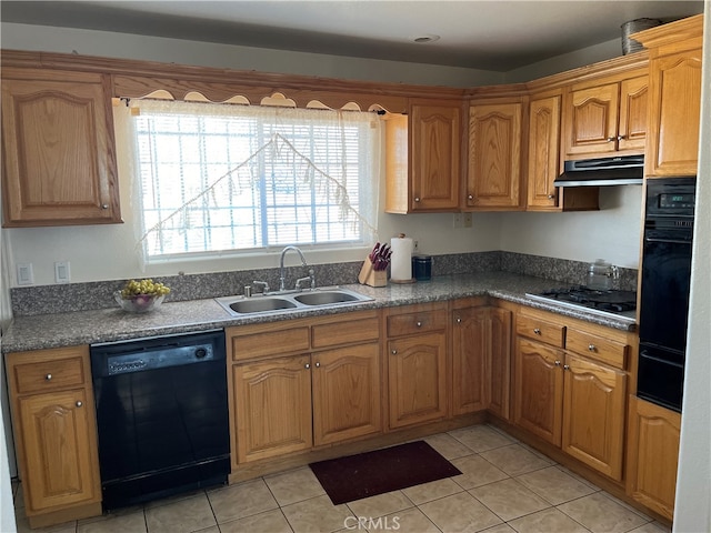 kitchen with light tile patterned flooring, sink, and black appliances