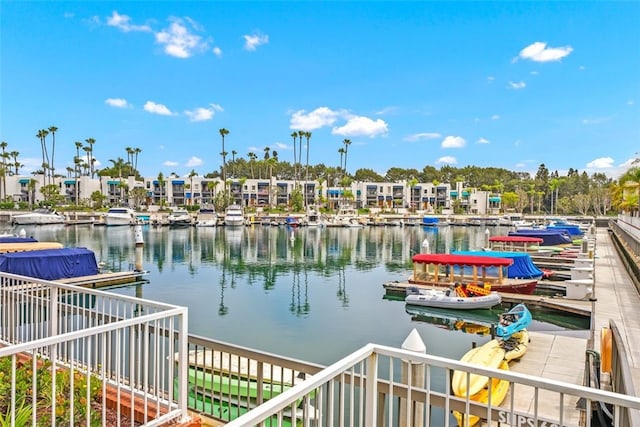 property view of water with a dock