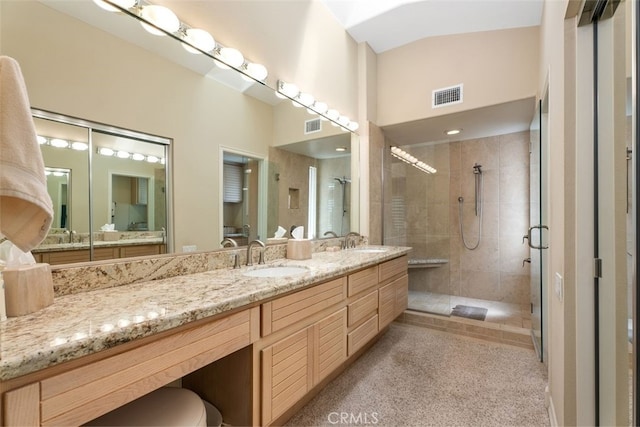 bathroom with vanity, vaulted ceiling, and a shower with shower door