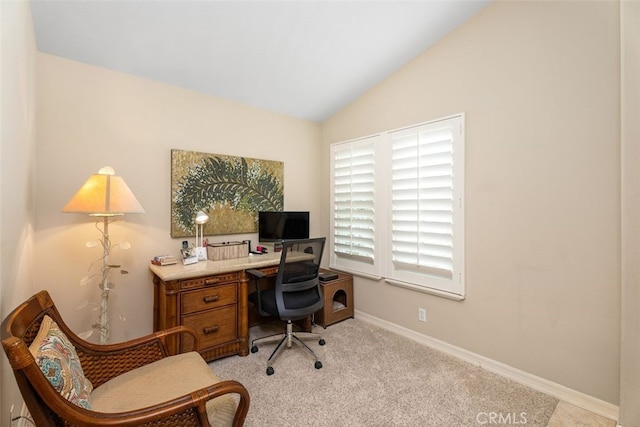 5564 Spinnaker Bay Dr, Long Beach, CA 90803 - home office with lofted ceiling, baseboards, and light colored carpet