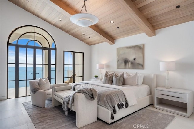 bedroom featuring tile patterned flooring, beam ceiling, a water view, and wooden ceiling