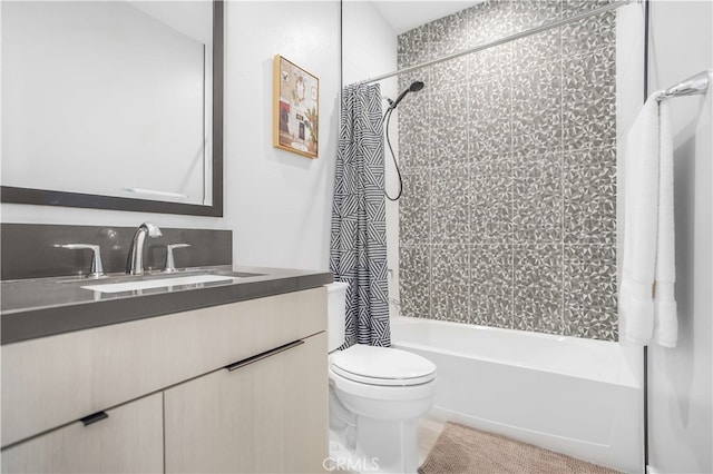 full bathroom featuring shower / bathtub combination with curtain, vanity, and toilet