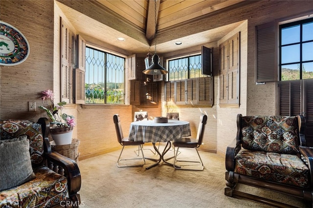 carpeted dining area featuring lofted ceiling and plenty of natural light