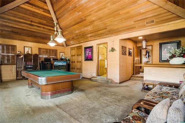 rec room with carpet, vaulted ceiling with beams, wooden ceiling, and billiards