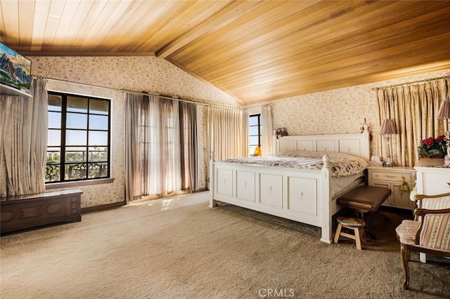 carpeted bedroom with vaulted ceiling with beams and wood ceiling