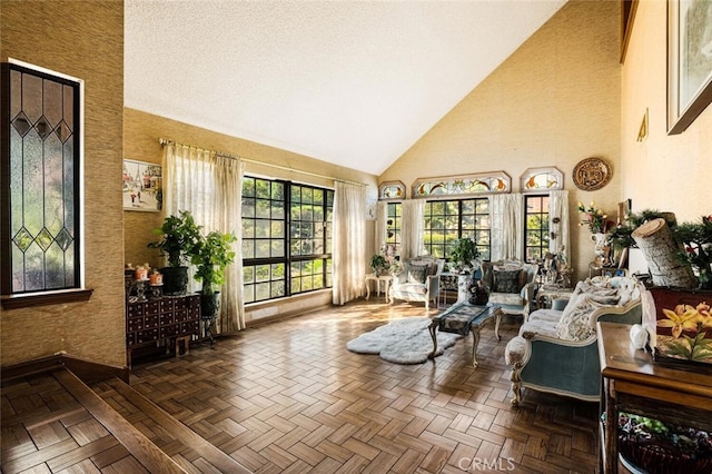 living room featuring dark parquet flooring and high vaulted ceiling