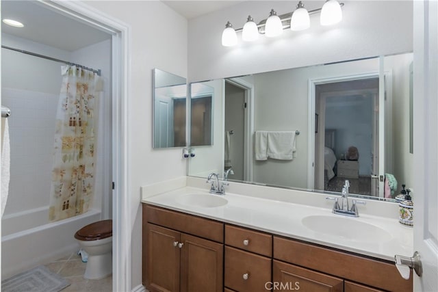 full bathroom with tile patterned flooring, vanity, toilet, and shower / bathtub combination with curtain