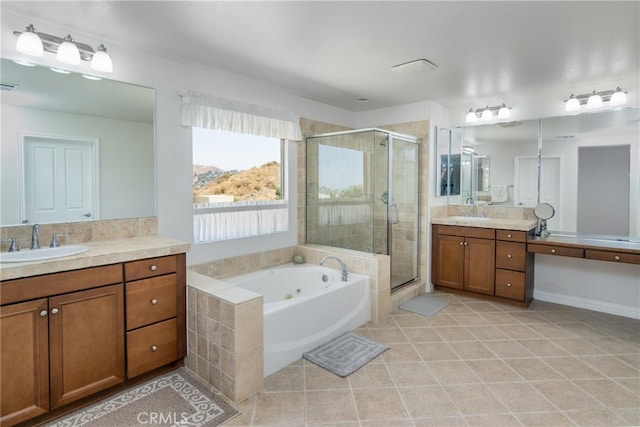 bathroom featuring tile patterned flooring, vanity, and independent shower and bath