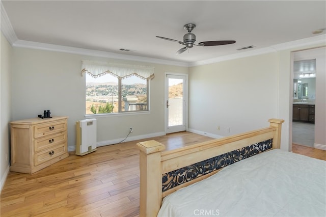 bedroom featuring access to outside, light hardwood / wood-style floors, ceiling fan, and crown molding