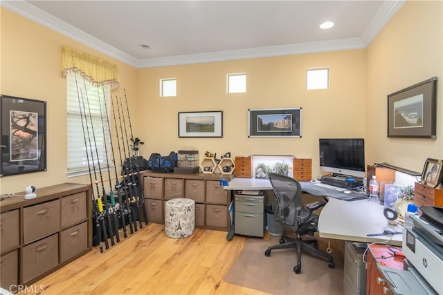 office area featuring crown molding and light hardwood / wood-style flooring