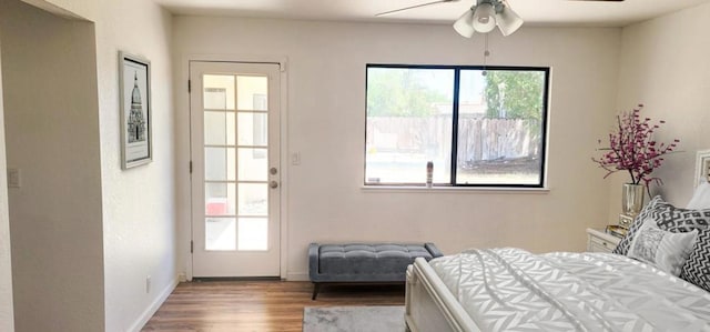 bedroom with ceiling fan and light wood-type flooring