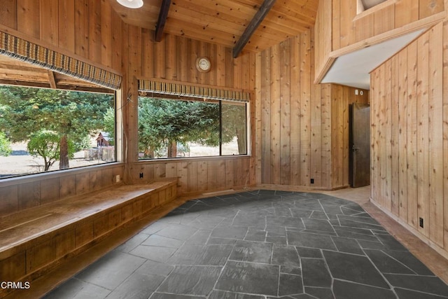 interior space with beam ceiling and wooden ceiling